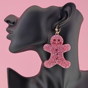 Betsey Johnson Earrings Pink Crystal Gold Tone Gingerbread Cookies Christmas